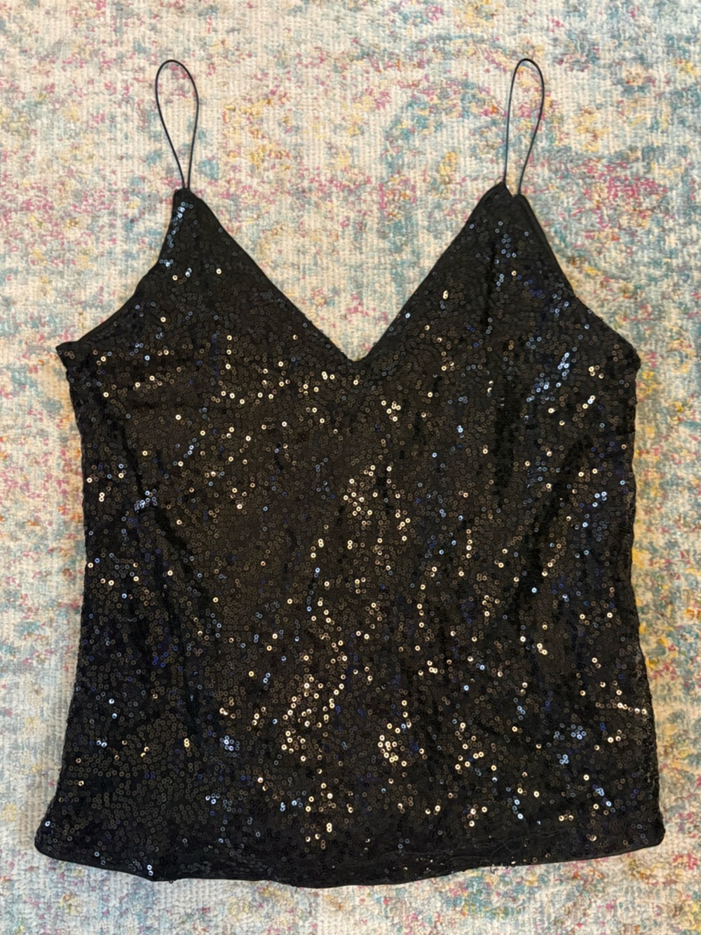 Women’s Size XS US 2 Solid Black Sequin Tank Top Spaghetti Strap V Neck Blouse